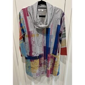 Et Lois Knit Tunic Top Sz Medium Colorful Artsy Funky Geometric Stretch Abstract